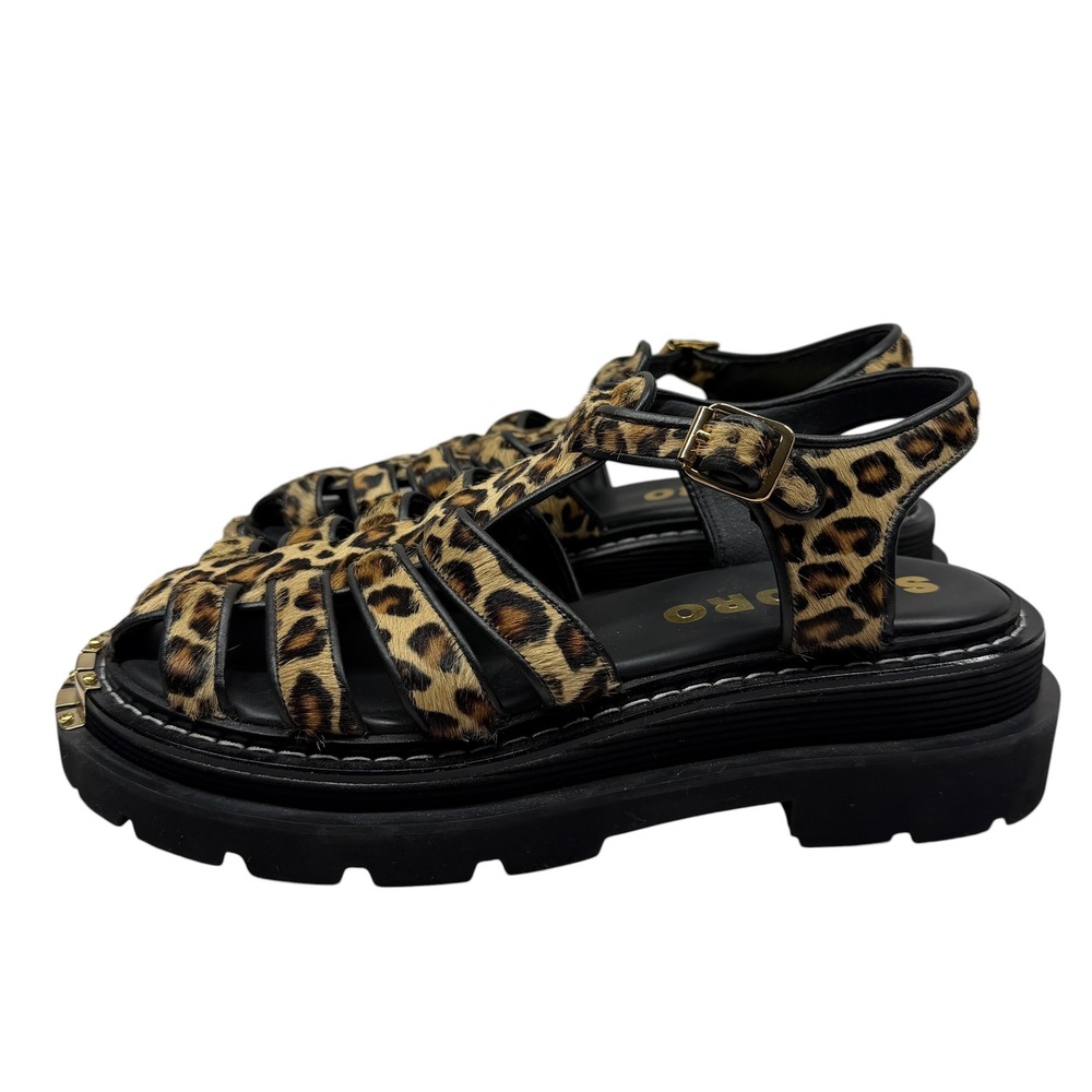 Sandro Leopard Print Calf Hair Fisherman Sandals Chunky Lug Sole Gold Olyssa